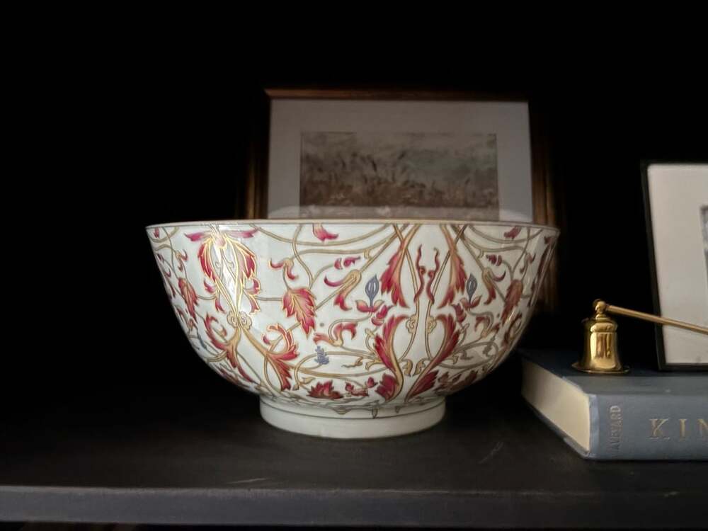 Decorative Porcelain Serving Bowl with Pink Scroll Floral Motif and Gold Trim